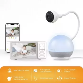 Chillax DM 610 videobeebimonitor koos kaelkirjaku meeleolu uneõpetajaga - 2,8 inch värviline LCD, 2,4 GHz FHSS, 300 m leviala, öönägemine, kahesuunaline side, temperatuuriandur, hällilaulud, öölamp, seinale kinnitatav, valge