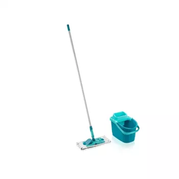 LEIFHEIT Clean & Compact põrandapuhastuskomplekt lameda mopiga ja jalgpedaaliga väänajaga, 8L ämber, mikrofiberpea, 33cm, valge/sinine