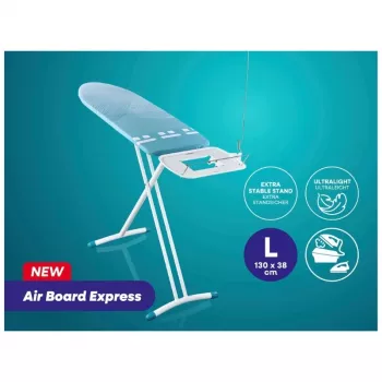 LEIFHEIT Air Board Express L Solid triikimislaud 130x38 cm Thermo-Reflect tehnoloogiaga, kõrgus reguleeritav 75-98 cm, kokkupandav, õlakujuline, libisemiskindlad jalad, triikraua hoidik, kaablihoidik, valge/sinine