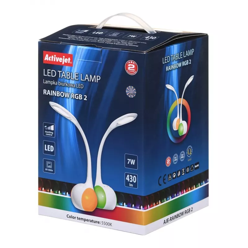Activejet AJE-RAINBOW 2 LED laualamp RGB-alusega, painduv vars, reguleeritav, puutejuhtimine, 7W põhivalgusti, 350lm, 2800K-6500K, must