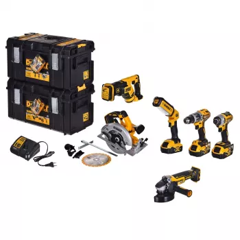 DEWALT DCK623P3-QW 18V XR 6-osaline harjata elektritööriistade komplekt koos 3x 5.0Ah akude, laadija ja TSTAK VI kohvriga