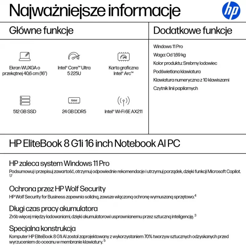 HP EliteBook 8 G1i 16 inch WUXGA sülearvuti - Intel Core Ultra 5 225U, 24GB RAM, 512GB SSD, Windows 11 Pro, hõbedane