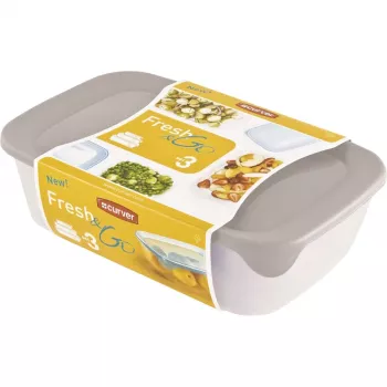 Curver Fresh & Go toidukarpide komplekt, 3 ristkülikukujulist anumat, 2L + 1L + 0,5L, läbipaistvad värviliste õhukindlate kaantega