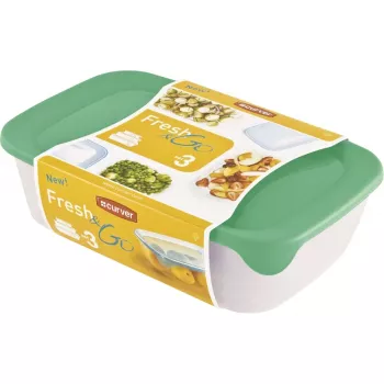 Curver Fresh & Go toidukarpide komplekt, 3 ristkülikukujulist anumat, 2L + 1L + 0,5L, läbipaistvad värviliste õhukindlate kaantega