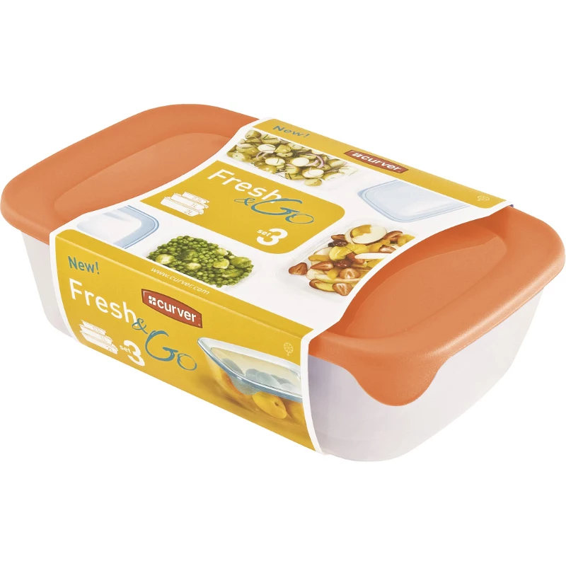 Curver Fresh & Go toidukarpide komplekt, 3 ristkülikukujulist anumat, 2L + 1L + 0,5L, läbipaistvad värviliste õhukindlate kaantega