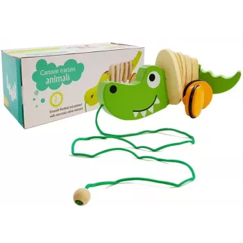 LEAN TOYS Puidust krokodill ratastel 18cm lohistatav mänguasi