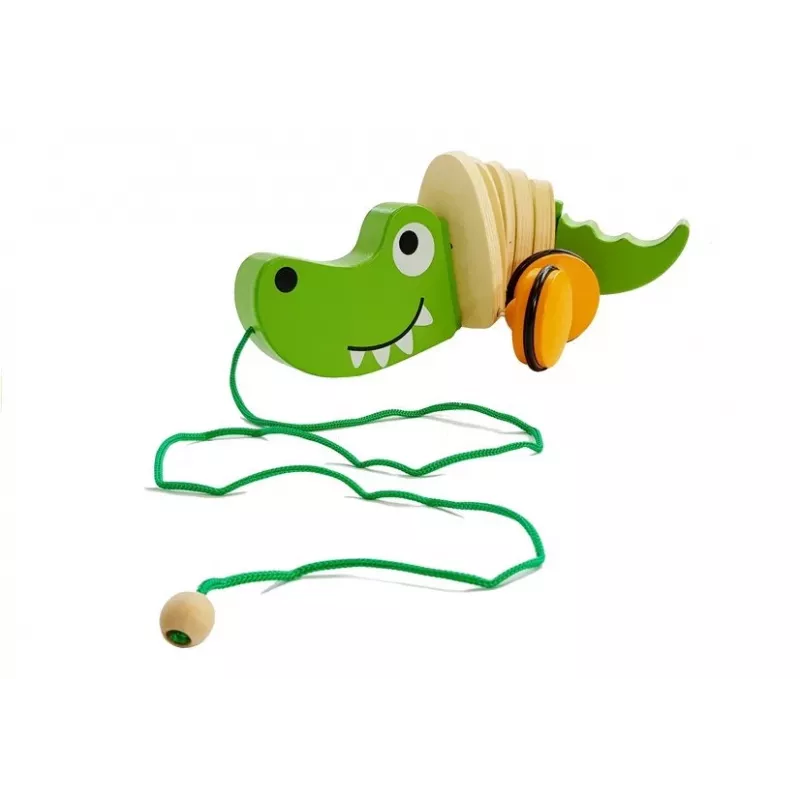 LEAN TOYS Puidust krokodill ratastel 18cm lohistatav mänguasi