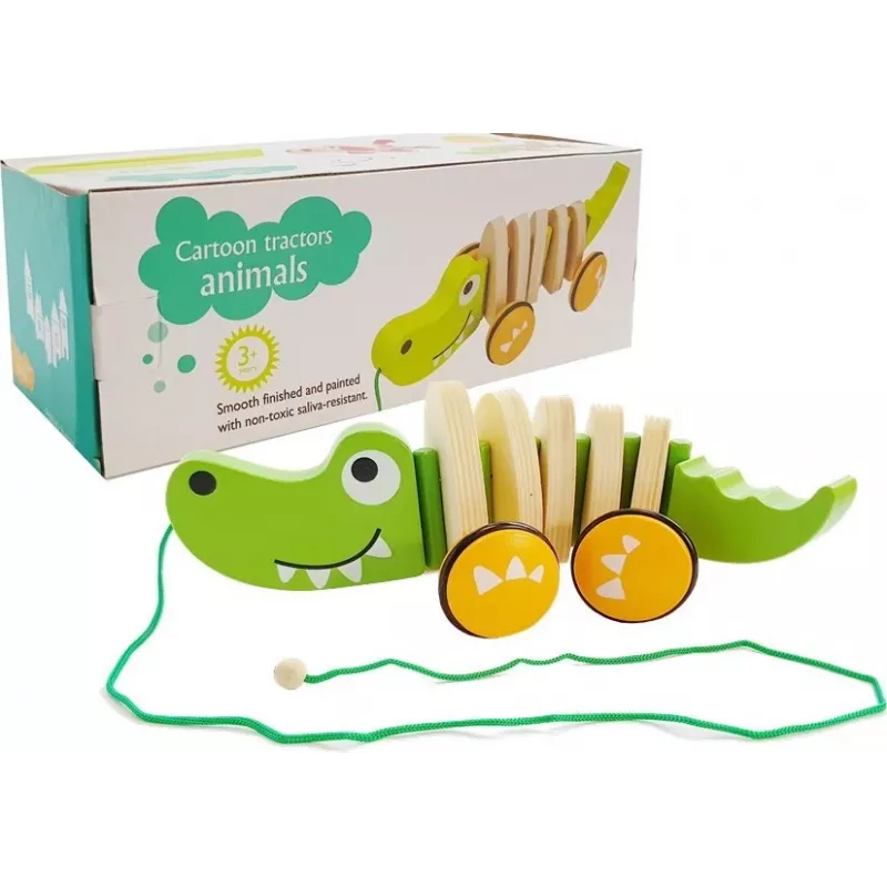 LEAN TOYS Puidust krokodill ratastel 18cm lohistatav mänguasi