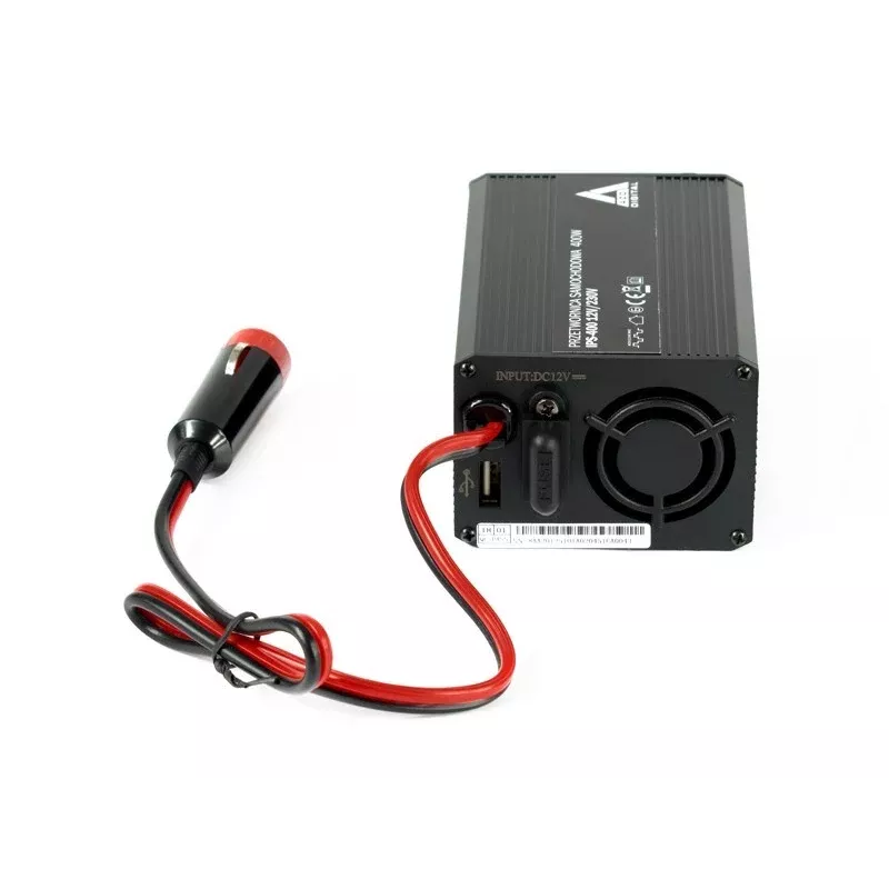 AZO Digital IPS-400 400W 12V DC kuni 230V AC modifitseeritud siinuslaine pingemuundur Schuko pistikupesa, akuklambrite ja sigaretisüütaja pistikuga