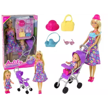 LEAN TOYS Nukkude käru komplekt tarvikutega – roosa käru pehme nukuga, lutipudel, tekk ja kott