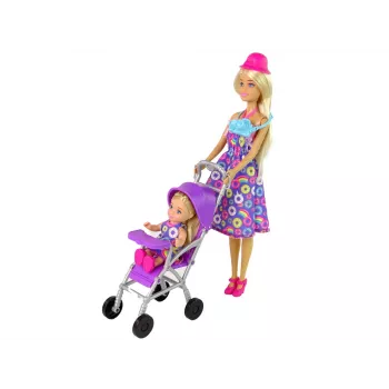 LEAN TOYS Nukkude käru komplekt tarvikutega – roosa käru pehme nukuga, lutipudel, tekk ja kott