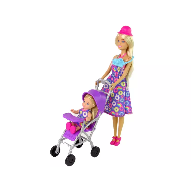 LEAN TOYS Nukkude käru komplekt tarvikutega – roosa käru pehme nukuga, lutipudel, tekk ja kott