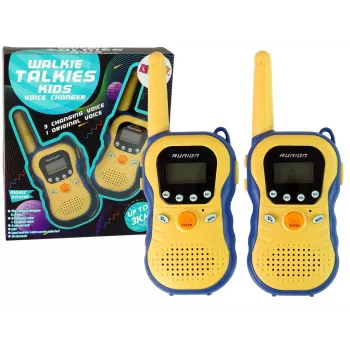 LEAN TOYS kollased laste raadiosaatjad - PMR446 kahesuunalise side komplekt 8 kanaliga, kuni 3 km leviala, taustvalgustusega LCD, taskulamp, VOX, vööklamber - 2 tk