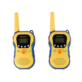 LEAN TOYS kollased laste raadiosaatjad - PMR446 kahesuunalise side komplekt 8 kanaliga, kuni 3 km leviala, taustvalgustusega LCD, taskulamp, VOX, vööklamber - 2 tk