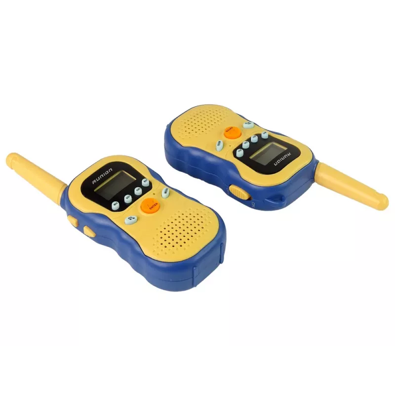 LEAN TOYS kollased laste raadiosaatjad - PMR446 kahesuunalise side komplekt 8 kanaliga, kuni 3 km leviala, taustvalgustusega LCD, taskulamp, VOX, vööklamber - 2 tk