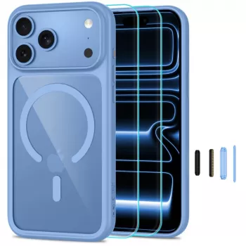 TECH-PROTECT MAGONE MagSafe läbipaistev ümbris koos 2-pakiga klaasist ekraanikaitsmega iPhone 17 Pro Max / 18 Pro Max jaoks - helesinine