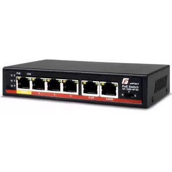 GETFORT GF-106D-4P-65 6-porti Fast Ethernet PoE+ lüliti 4 PoE pordi ja 2 uplink pordiga, 65W eelarve, metallist lauaarvuti
