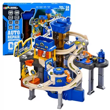 LEAN TOYS interaktiivne autodega mängurada parkla töökoda autopesula 8 sinise autoga