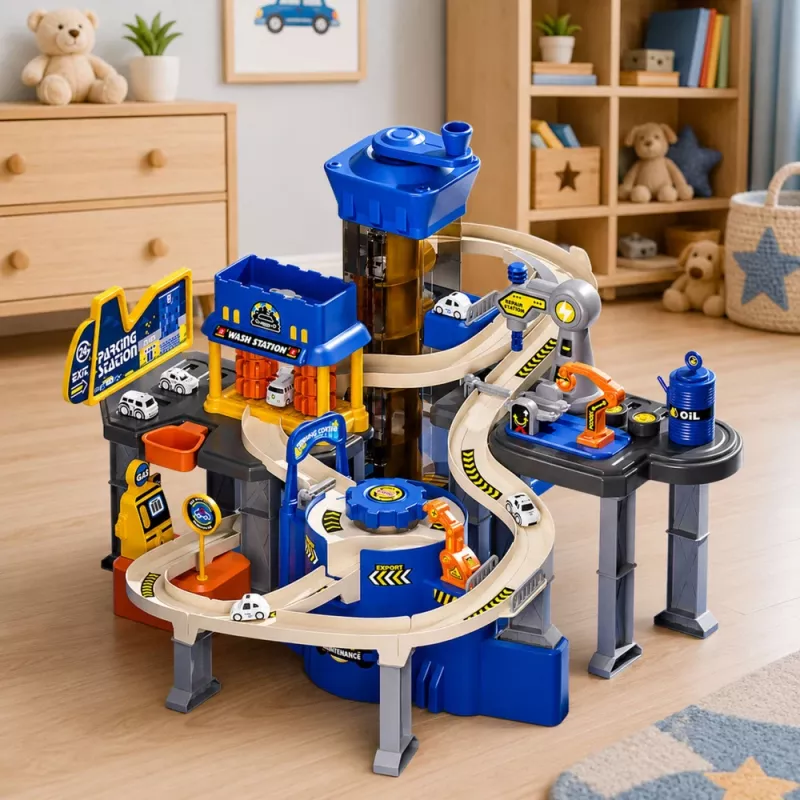 LEAN TOYS interaktiivne autodega mängurada parkla töökoda autopesula 8 sinise autoga
