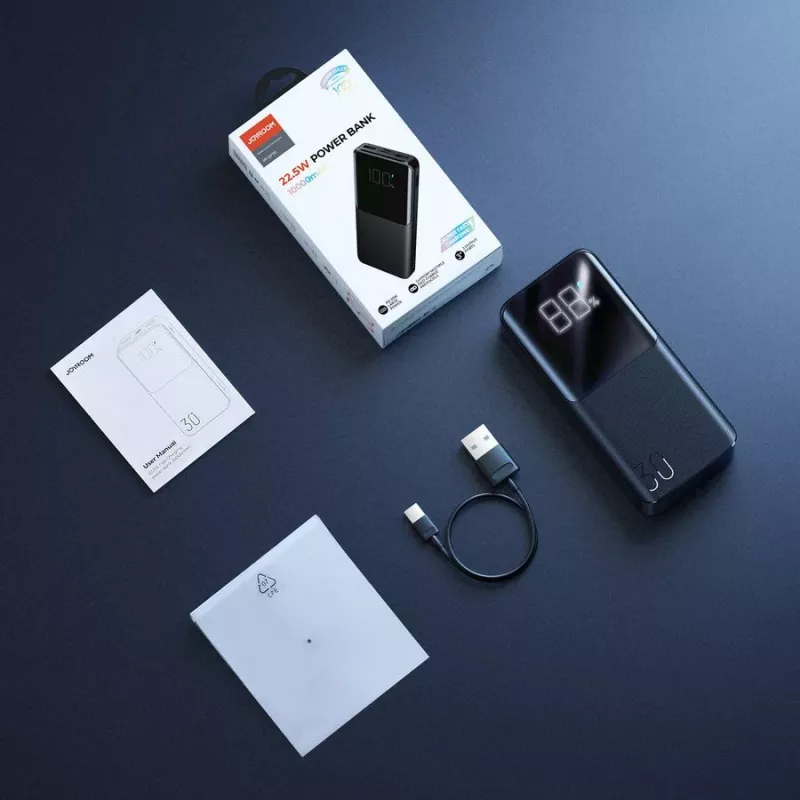 JOYROOM JR-QP193 30000 mAh 22.5W Power Bank digitaalse ekraaniga, PD3.0/QC3.0, 3 väljundit (2 USB-A + 1 USB-C), 2 sisendit (USB-C + Micro USB), must