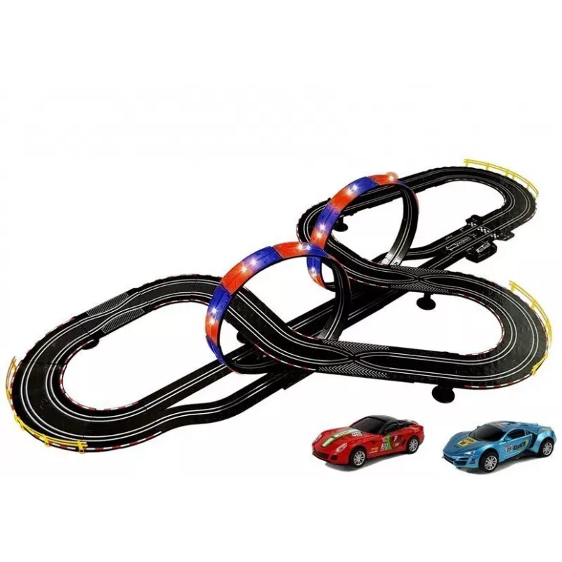 LEAN TOYS võidusõidurajad 2 autoga Top Turbo tuledega 7,6 m pikk