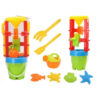 LEAN TOYS 18546 Liivamänguasjade komplekt suure veskiga, ämber ja värvilised vormid – 7-osaline ranna- ja liivakastimängu komplekt lastele alates 12 kuust