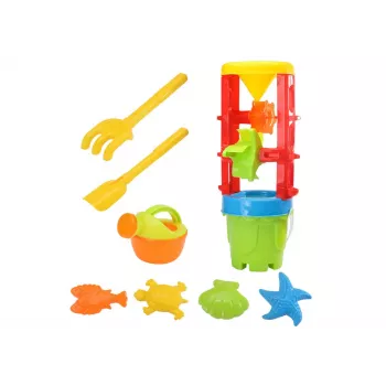 LEAN TOYS 18546 Liivamänguasjade komplekt suure veskiga, ämber ja värvilised vormid – 7-osaline ranna- ja liivakastimängu komplekt lastele alates 12 kuust