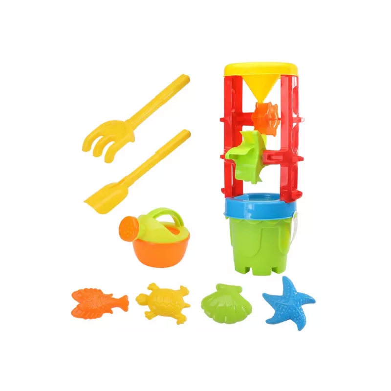 LEAN TOYS 18546 Liivamänguasjade komplekt suure veskiga, ämber ja värvilised vormid – 7-osaline ranna- ja liivakastimängu komplekt lastele alates 12 kuust