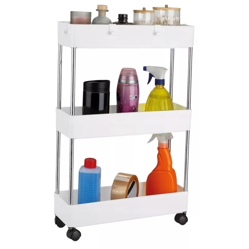 LEAN TOYS Mobiilne riiul 3 riiuliga valge ratastel
