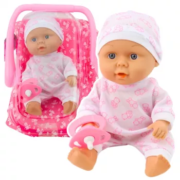 LEAN TOYS Beebinukk kandekotis, pidžaamas, mütsiga ja lutt - roosa