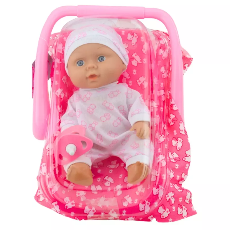 LEAN TOYS Beebinukk kandekotis, pidžaamas, mütsiga ja lutt - roosa