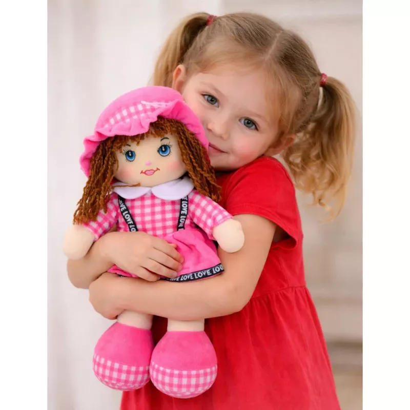LEAN TOYS Kaltsunukk Pliišist Mänguasi Ruuduline Kleit Roosa 35 cm