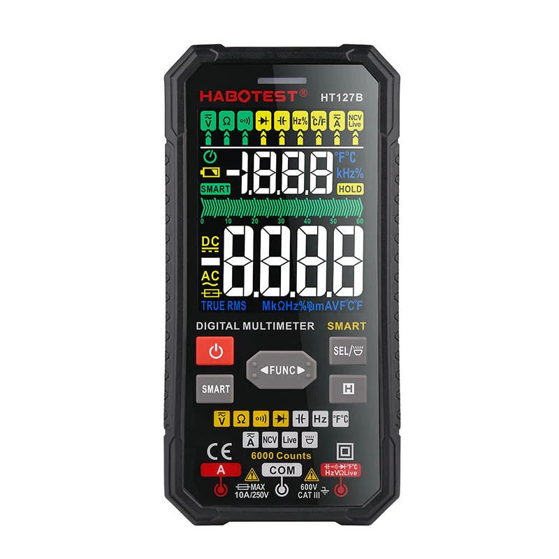 Habotest HT127B digitaalne universaalne multimeeter True RMS 6000 näiduga automaatse vahemiku valikuga, NCV ja temperatuuri mõõtmisega
