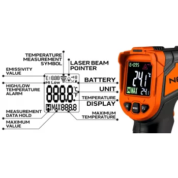 NEO TOOLS 75-276 püromeeter, mittekontaktne infrapunatermomeeter kahe lasersihikuga, -50°C kuni 880°C, 12:1 D:S, reguleeritav kiirgusvõime, taustvalgustusega LCD