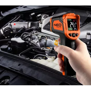 NEO TOOLS 75-276 püromeeter, mittekontaktne infrapunatermomeeter kahe lasersihikuga, -50°C kuni 880°C, 12:1 D:S, reguleeritav kiirgusvõime, taustvalgustusega LCD