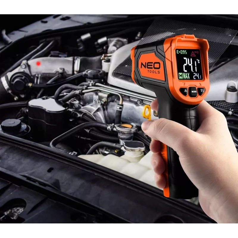 NEO TOOLS 75-276 püromeeter, mittekontaktne infrapunatermomeeter kahe lasersihikuga, -50°C kuni 880°C, 12:1 D:S, reguleeritav kiirgusvõime, taustvalgustusega LCD