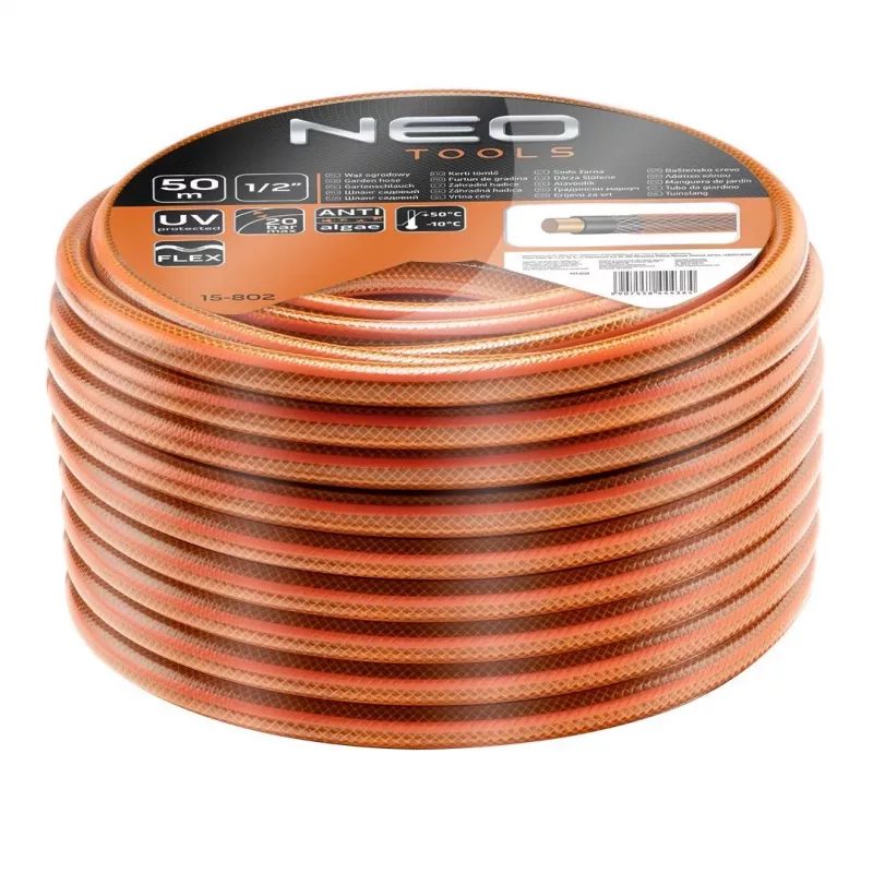 NEO TOOLS 15-802 1/2 tolli x 50 m 4-kihiline aiavoolik, 25 baari purunemissurve, UV- ja vetikakindel, mäsuvaba painduv PVC, roheline