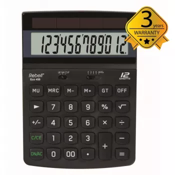 REBELL RE-ECO 450 BX lauakalkulaator, 12-kohaline LCD, kahe toiteallikaga, taaskasutatud plast, must