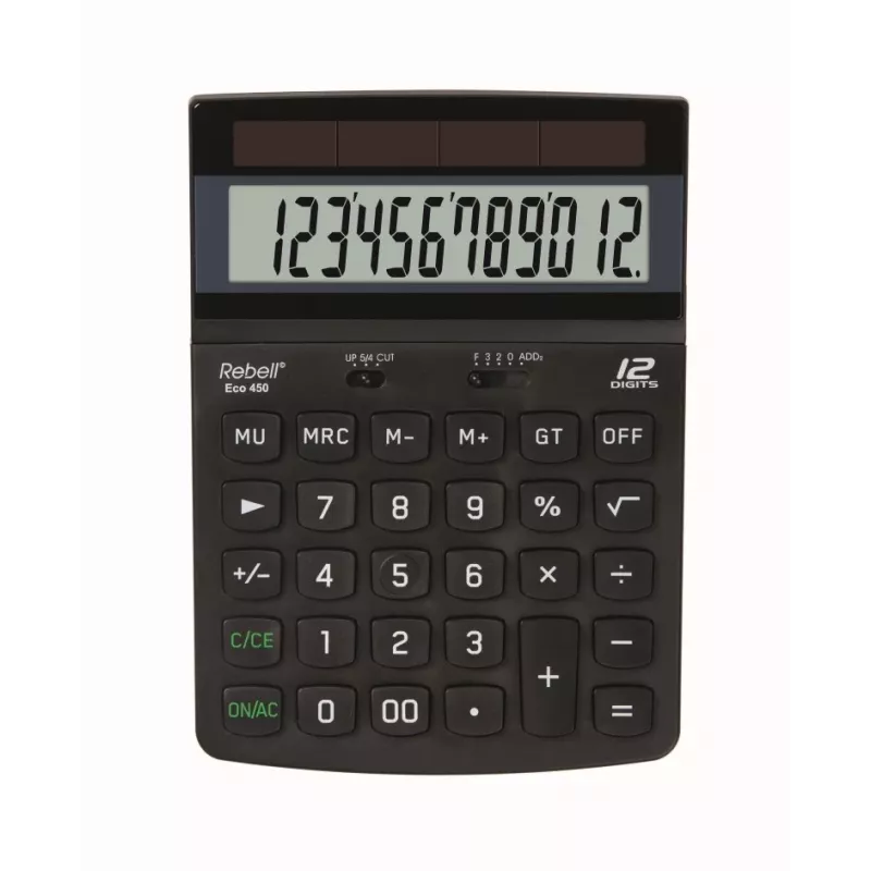 REBELL RE-ECO 450 BX lauakalkulaator, 12-kohaline LCD, kahe toiteallikaga, taaskasutatud plast, must