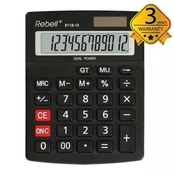 REBELL RE-8118-12 BX pooltöölaua kalkulaator, 12-kohaline nurga all LCD, kahe toiteallikaga päike ja patarei, must