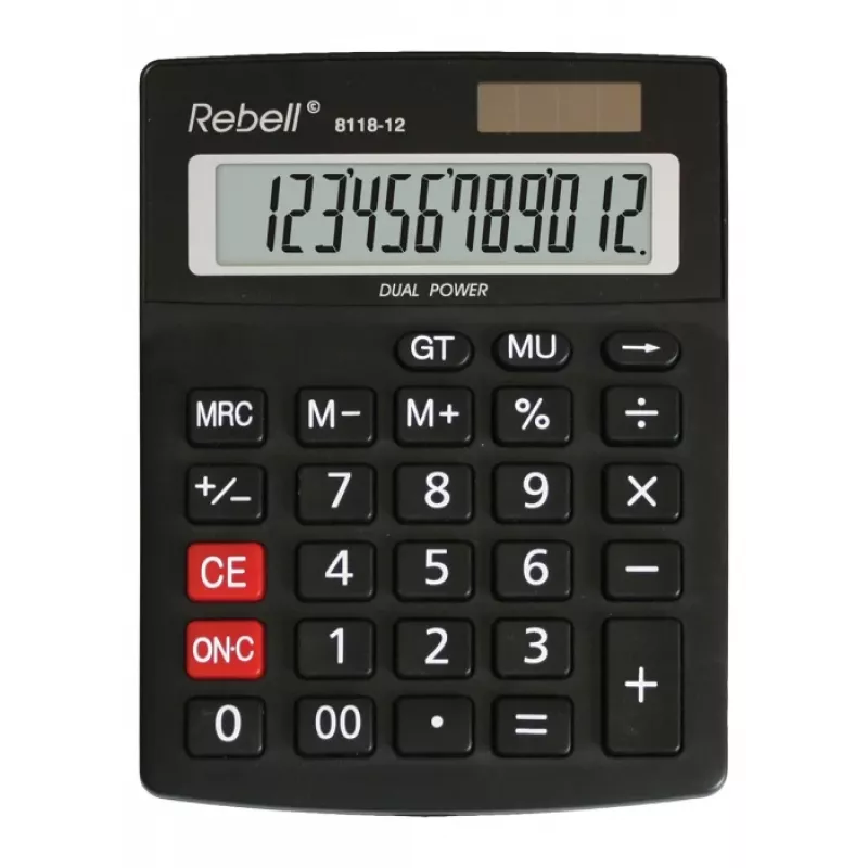 REBELL RE-8118-12 BX pooltöölaua kalkulaator, 12-kohaline nurga all LCD, kahe toiteallikaga päike ja patarei, must