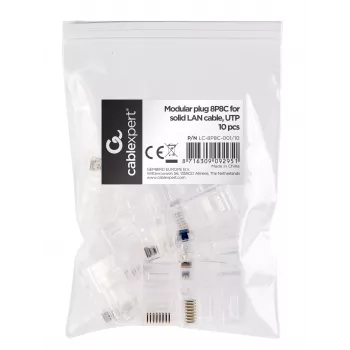 Gembird Cablexpert universaalne läbiviiguga modulaarne UTP pistik 8P8C RJ45, juhtmetele kuni 24 AWG, 10 tk kotis (LC-PTU-01/10)
