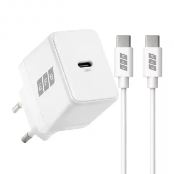 EFB Elektronik G201CE 20W USB-C GaN seinalaadija komplekt koos 2m USB-C kaabliga, PD3.0 & QC3.0, valge