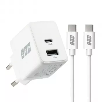 EFB Elektronik G201A1CE 20W GaN USB-C PD3.0 + USB-A QC3.0 seinlaadija komplekt 2 m USB-C kaabliga, valge