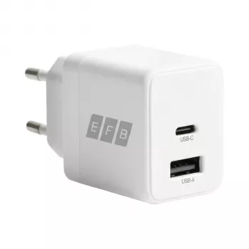 EFB Elektronik G201A1CE 20W GaN USB-C PD3.0 + USB-A QC3.0 seinlaadija komplekt 2 m USB-C kaabliga, valge