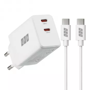EFB Elektronik G452CE 45W kahe USB-C pesaga GaN seinatavaline laadija komplektis 2m USB-C kaabliga, valge