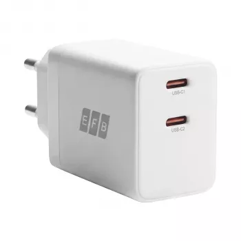 EFB Elektronik G452CE 45W kahe USB-C pesaga GaN seinatavaline laadija komplektis 2m USB-C kaabliga, valge