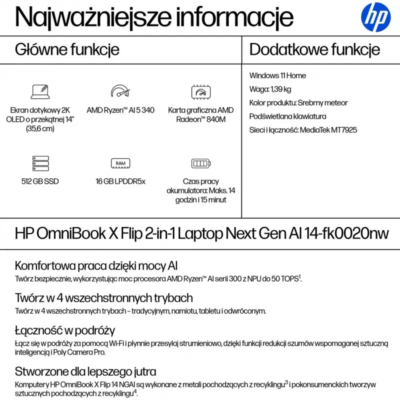 HP OmniBook X Flip 2-in-1 14-fk0020nw, 14,2 inch 2.8K OLED puuteekraan, AMD Ryzen AI 5 340, 16GB RAM, 512GB SSD, Radeon 840M, Win11, Meteor Silver