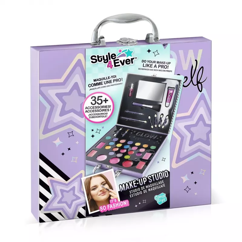 Canal Toys Make-Up Studio (OFG313) - Lastele ohutu kosmeetikakomplekt 10 lauvärviga, 6 huuleläikega, 2 põsepuna, aplikatsioonide, pintslite ja kokkupandava peegliga