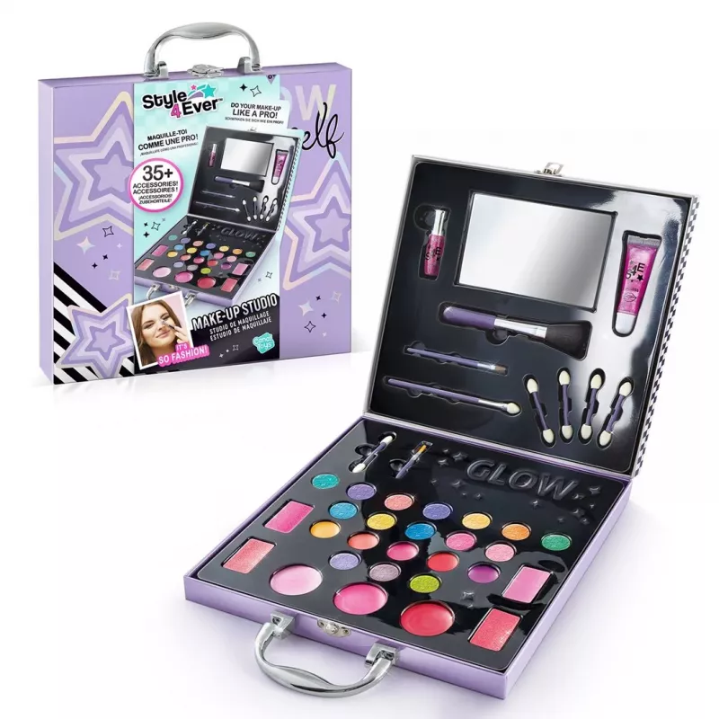 Canal Toys Make-Up Studio (OFG313) - Lastele ohutu kosmeetikakomplekt 10 lauvärviga, 6 huuleläikega, 2 põsepuna, aplikatsioonide, pintslite ja kokkupandava peegliga